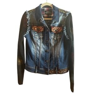 Montanaco Embroidered Embellished Denim Woman's Small Jacket Knit Sleeves Unique